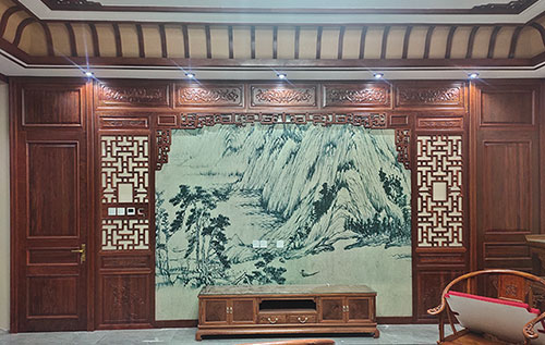 宝坻中式仿古别墅客厅背景墙花格木作装饰